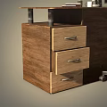 Curved Wooden Office Desk With Drawers Computer Monitor Keyboard Lamp And Black Chair