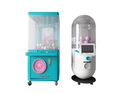 Colorful Amusement Equipment with Blue Claw Machine and Transparent Cylinder Gashapon Featuring Balls and Screen 3d model
