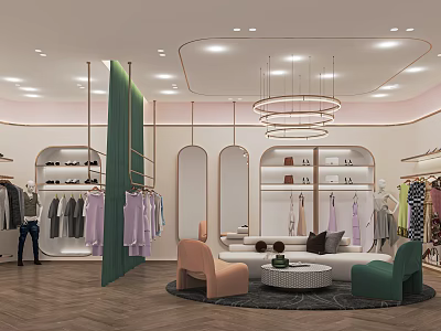 Modern Clothing Store With Clothes Shoes Bags On Display Shelves Green Curtain And Circular Chandeliers 3d model