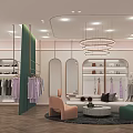 Modern Clothing Store With Clothes Shoes Bags On Display Shelves Green Curtain And Circular Chandeliers