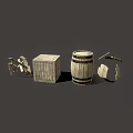 Rustic Vintage Wooden Items Including Barrel Crate And Broken Planks 3d model