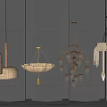 Different Designed Chandeliers with Woven and Glass Materials Against Grey Walls and Columns