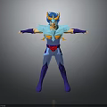 Animated Warrior Character In Blue Purple Outfit With Yellow Accents And Arms Outstretched