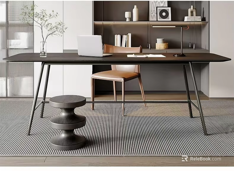 Modern Home Office With Black Desk Laptop Chair Bookshelf Decor Items Striped Rug And Stool 3d model 