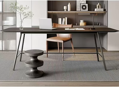 Modern Home Office With Black Desk Laptop Chair Bookshelf Decor Items Striped Rug And Stool 3d model