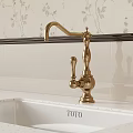 Elegant Brass Faucet on TOTO Sink with White Countertop and Floral Wallpaper