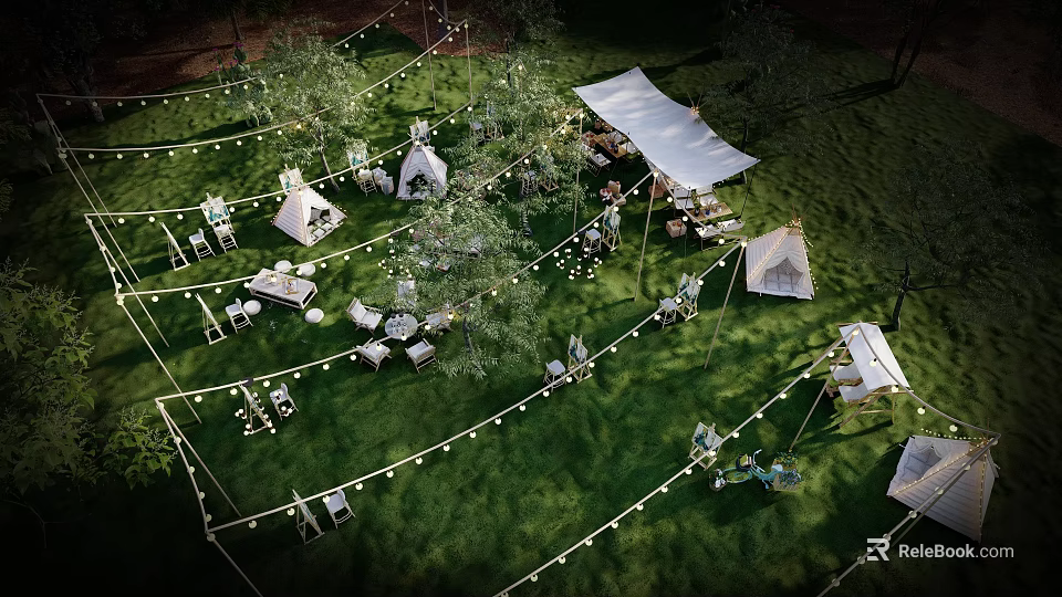 Cozy Camping Camp with Green Grass Tents String Lights and Wooden Tables 3d model 