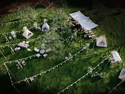Cozy Camping Camp with Green Grass Tents String Lights and Wooden Tables 3d model