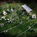 Cozy Camping Camp with Green Grass Tents String Lights and Wooden Tables