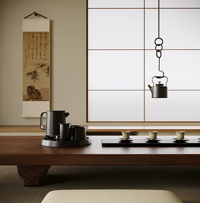 Elegant Chinese Tea Set With Black Teapot Cups On Wooden Table By Window And Scroll 3d model