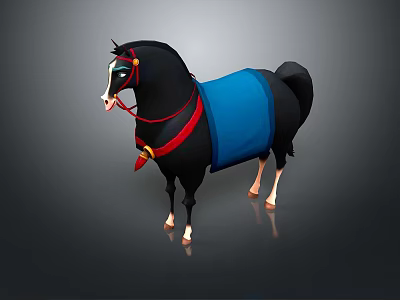 Decorative Black Horse Figure With Blue Blanket Red Reins And Bells Ornament 3d model