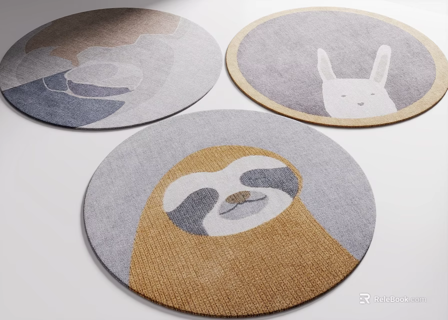 Round Area Rugs With Cute Sloth And Rabbit Patterns 3d model