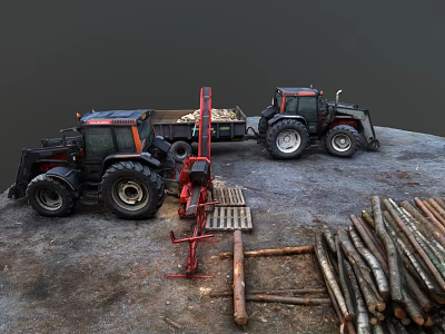 Two Black Tractors With Wood Logs And Trailer In Rural Work Scene 3d model
