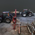 Two Black Tractors With Wood Logs And Trailer In Rural Work Scene