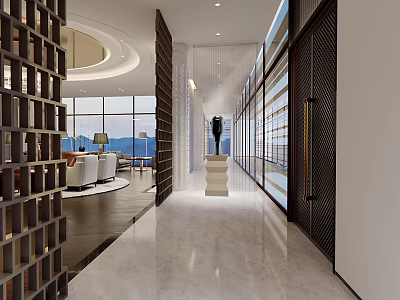 Modern Clubhouse Corridor With Marble Flooring Sculpture And Large Windows 3d model