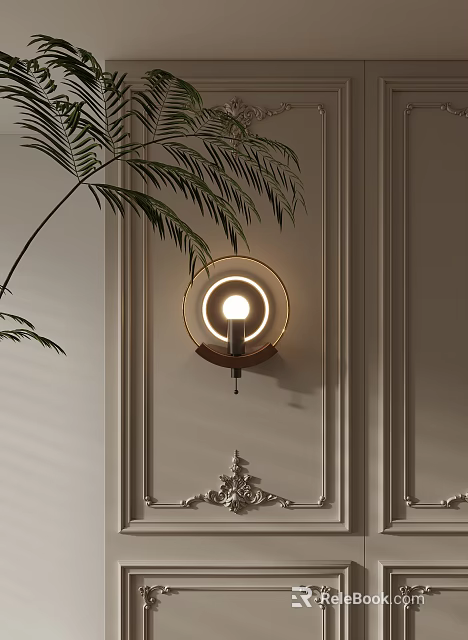 Elegant Modern Round Wall Lamp With Gold Frame Soft Lighting And Palm Leaves Decor 3d model 
