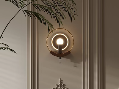 Elegant Modern Round Wall Lamp With Gold Frame Soft Lighting And Palm Leaves Decor 3d model