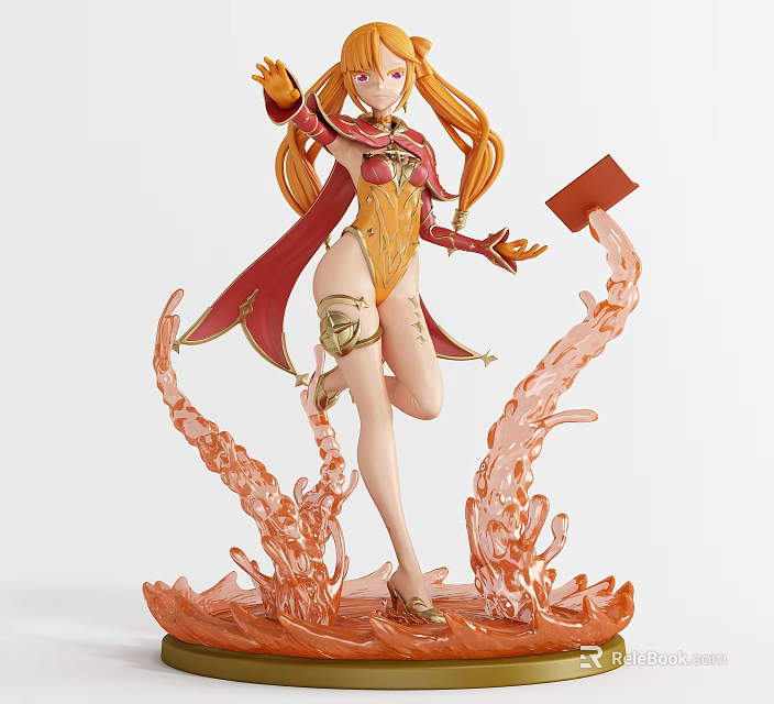 Anime Girl Figure With Long Blonde Hair Red Cape And Orange Effects 3d model 