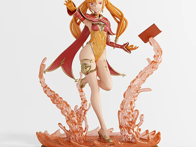 Anime Girl Figure With Long Blonde Hair Red Cape And Orange Effects 3d model