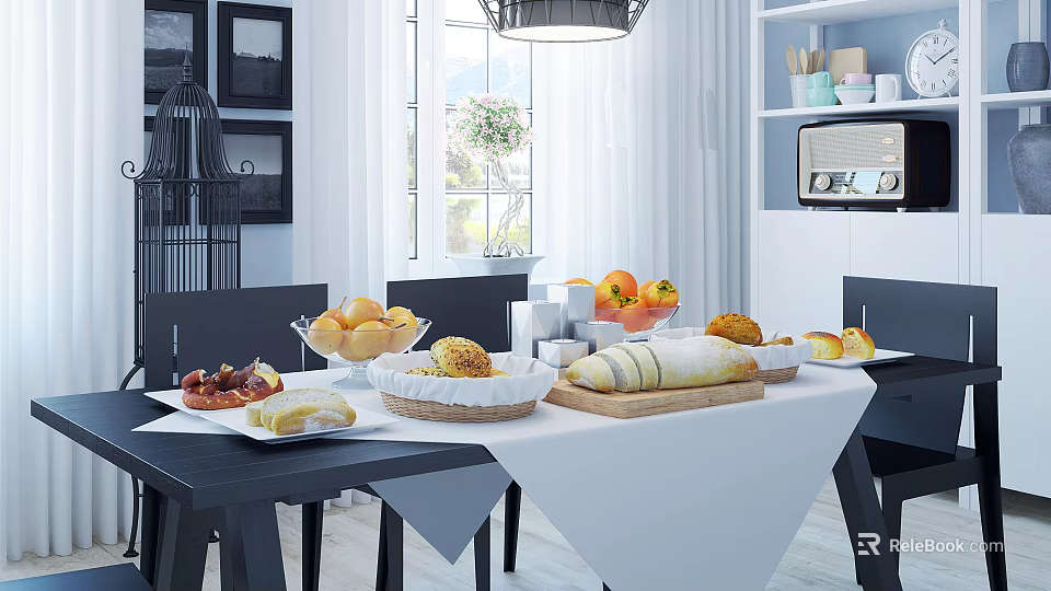 Cozy Restaurant Dining Table Setting With Fresh Bread Fruits And White Tablecloth 3d model 