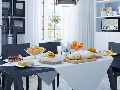 Cozy Restaurant Dining Table Setting With Fresh Bread Fruits And White Tablecloth 3d model