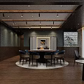 Elegant Private Dining Room With Round Table Chairs Ceiling Pendant Lights And Decorative Painting