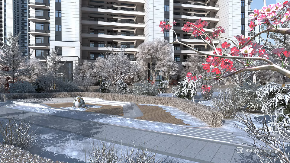 Winter Garden Landscape With Snow Covered Path And Red Blossom Trees Near Modern Building 3d model 