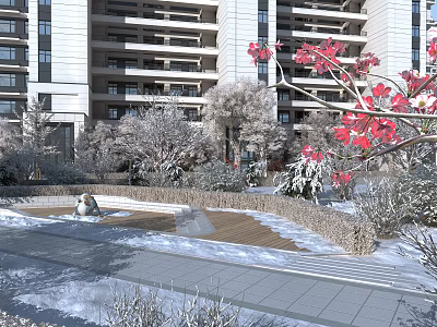 Winter Garden Landscape With Snow Covered Path And Red Blossom Trees Near Modern Building 3d model