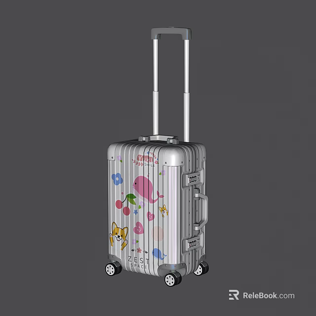 Silver Suitcase With Colorful Cherry Flower And Bird Patterns Telescopic Handle And Wheels 3d model 