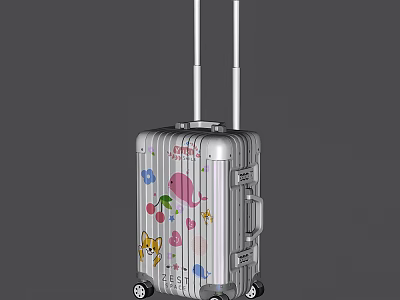 Silver Suitcase With Colorful Cherry Flower And Bird Patterns Telescopic Handle And Wheels 3d model
