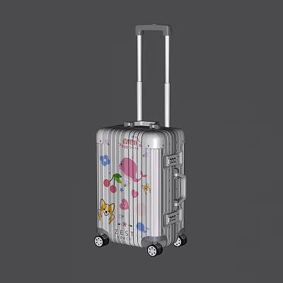 Silver Suitcase With Colorful Cherry Flower And Bird Patterns Telescopic Handle And Wheels 3d model