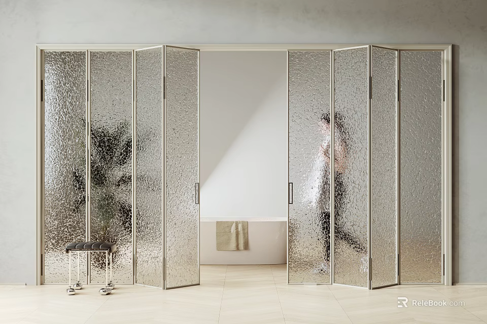 Stylish Frosted Glass Folding Doors Enhance Modern Bathroom Open Space Design 3d model 
