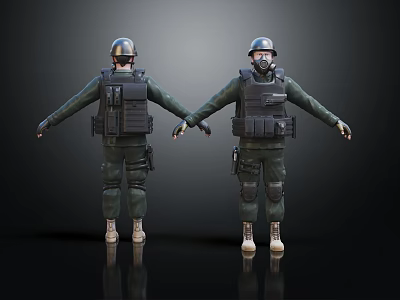 Two Characters In Protective Gear With Helmets Vests Gloves Kneepads And Black Background Reflections 3d model