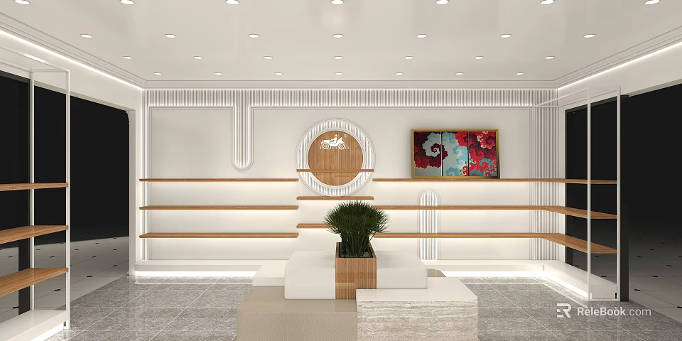 Modern Boutique Store Interior With Wooden Display Shelves Round Logo Decorative Painting And Green Plant 3d model 