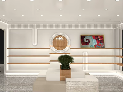 Modern Boutique Store Interior With Wooden Display Shelves Round Logo Decorative Painting And Green Plant 3d model