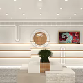 Modern Boutique Store Interior With Wooden Display Shelves Round Logo Decorative Painting And Green Plant