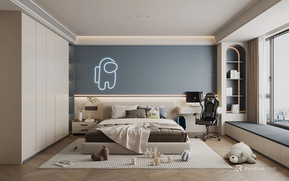 Modern Kids Room Interior With Dark Blue Wall Astronaut Neon Light And Stuffed Toys 3d model 