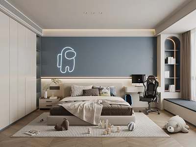 Modern Kids Room Interior With Dark Blue Wall Astronaut Neon Light And Stuffed Toys 3d model