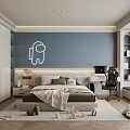 Modern Kids Room Interior With Dark Blue Wall Astronaut Neon Light And Stuffed Toys