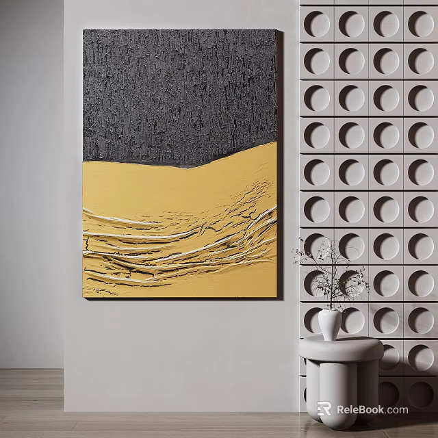 Black and Yellow Abstract Painting Featuring Textured Lines Near Circular Patterned Wall 3d model