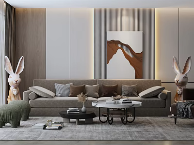 Modern Sofa and Coffee Table Set With Gray Upholstery Decorative Painting Rabbit Ornaments and Throw Pillows 3d model