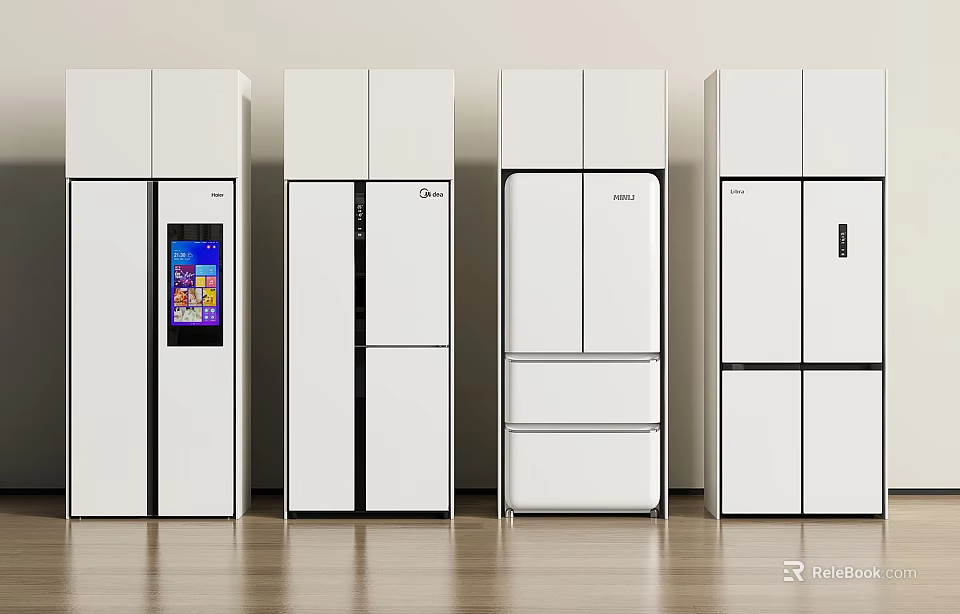 Four White Modern Refrigerators With Digital Display And Various Door Styles On Wooden Floor 3d model 