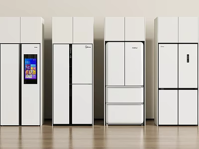 Four White Modern Refrigerators With Digital Display And Various Door Styles On Wooden Floor 3d model