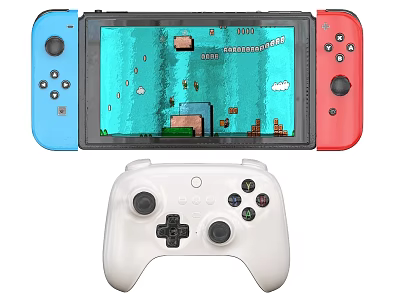 Red And Blue Digital Game Console With White Wireless Controller For Gaming 3d model