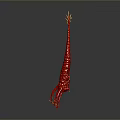 Fiery Red Game Character Weapon With Spiked Structure And Flaming Top Design