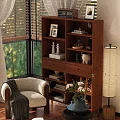 Wooden Bookcase Decorated with Photo Frames Candles Piggy Bank Near Window Blinds Armchair Floor Lamp