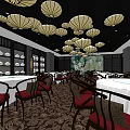 Chinese Restaurant Interior With Hanging Lanterns Round Tables Partition Screens And Tableware Display Shelves
