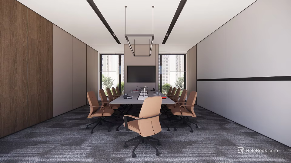 Modern Conference Room With Long Table Brown Chairs Large Windows Gray Carpet And Pendant Lights 3d model 