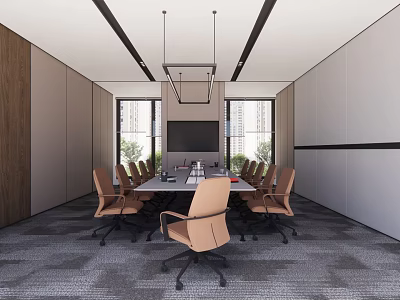 Modern Conference Room With Long Table Brown Chairs Large Windows Gray Carpet And Pendant Lights 3d model