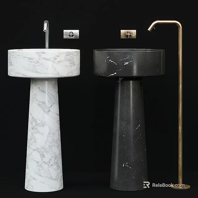 Modern Pedestal Washbasins With White And Black Marble Design And Faucets On Dark Background 3d model 